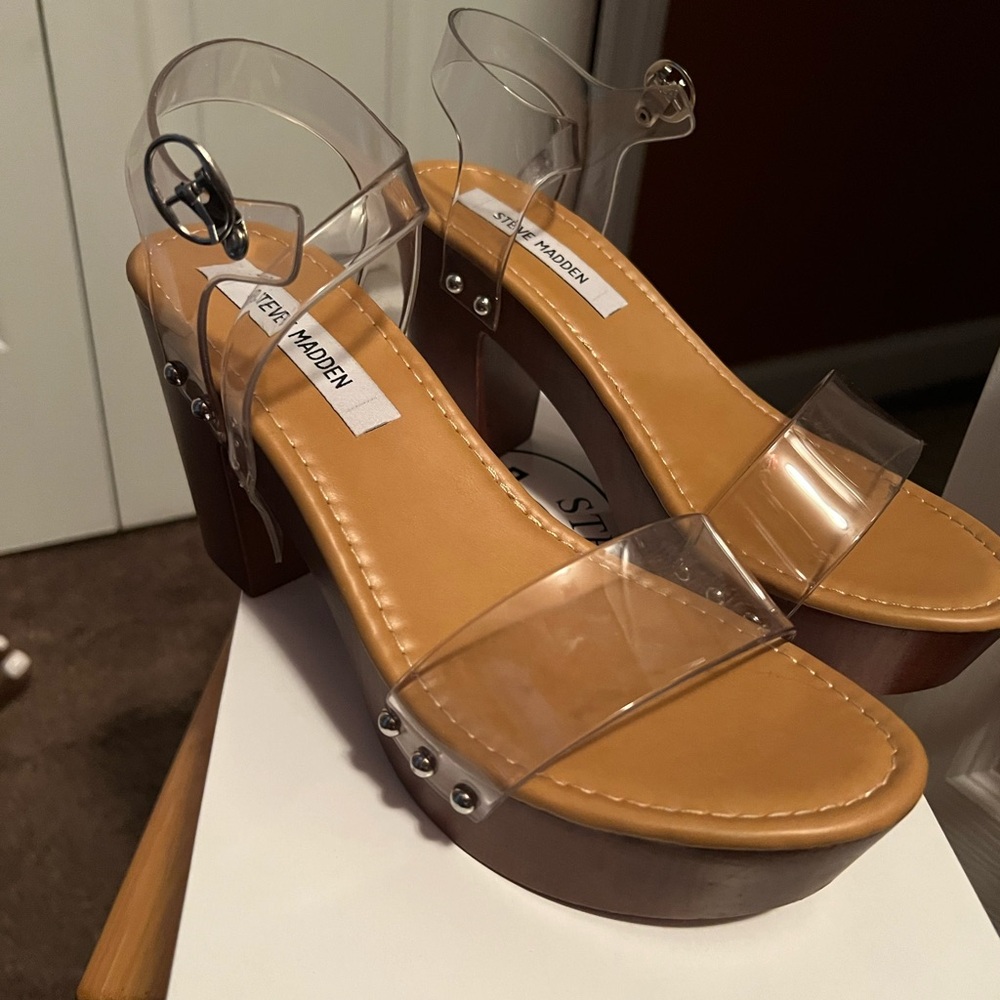 Clear heels with wood bottom